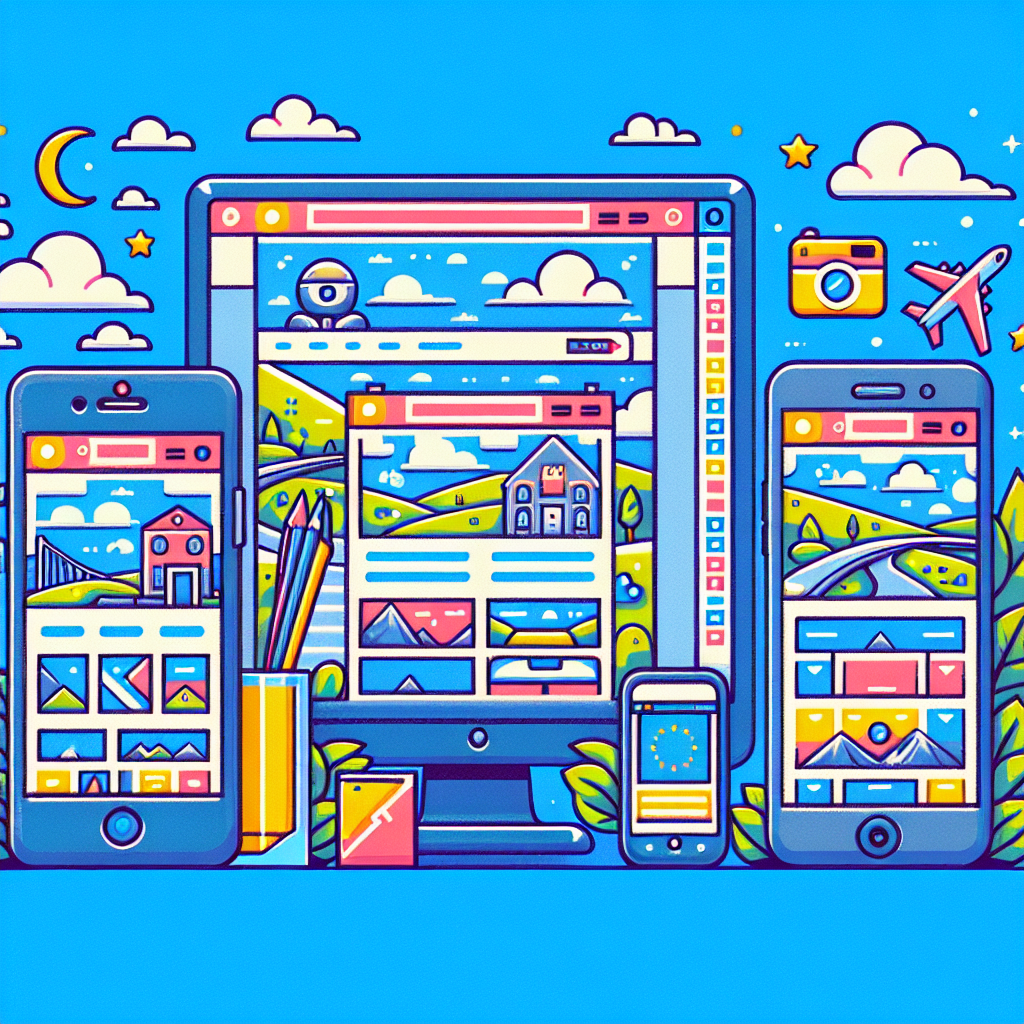 Imagine ilustrativa care arata diferenta dintre designul responsive si adaptiv, cu exemple de site-uri afisate pe un smartphone, un tablet si un computer desktop. Toate dispozitivele sunt de tip european si imaginea ar trebui sa aiba aspect de fotografie.