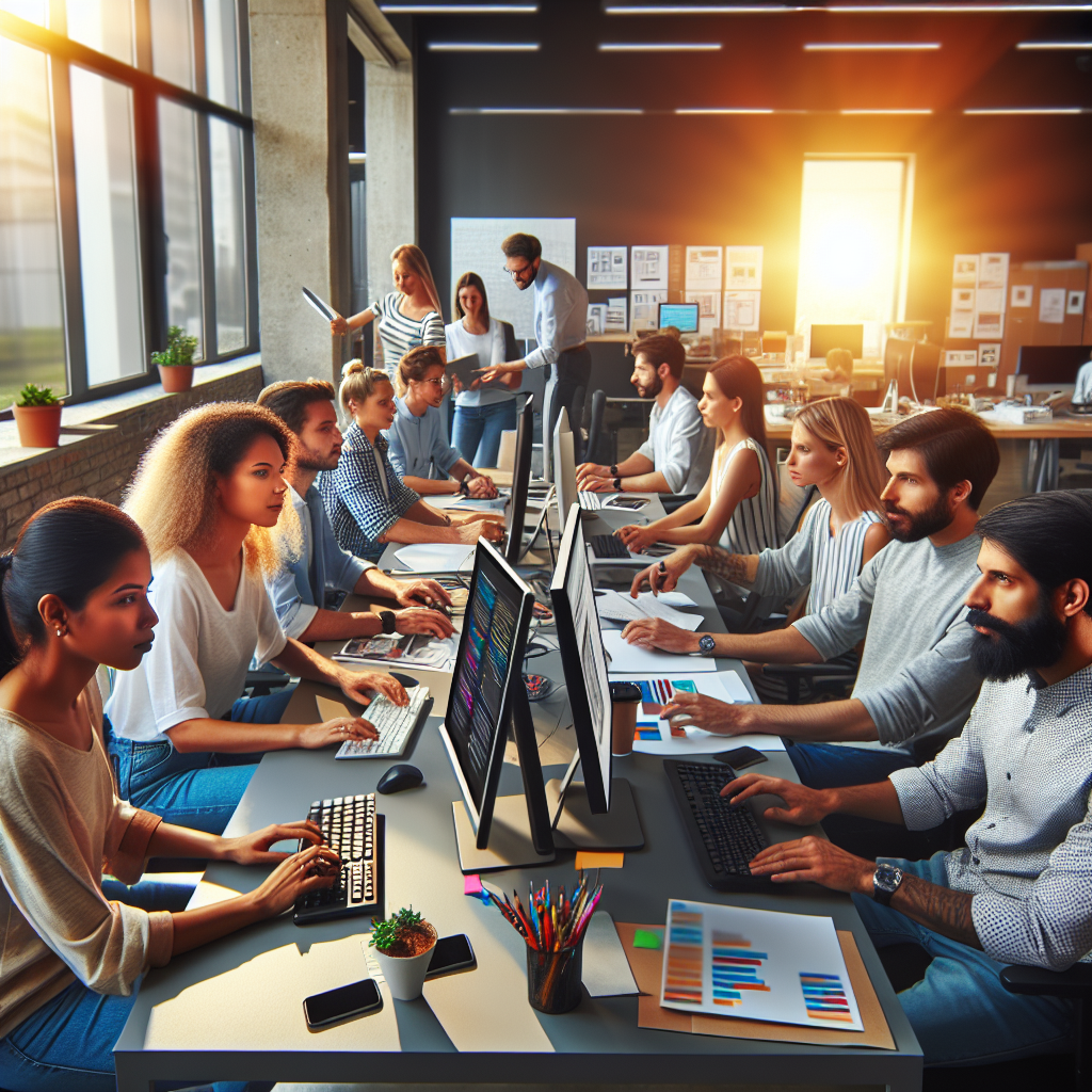 Imagine cu un birou modern al unei companii IT, unde angajatii europeni lucreaza la designul unui site web, colaborand la proiecte in fata calculatoarelor, intr-o atmosfera creativa si tehnologica.