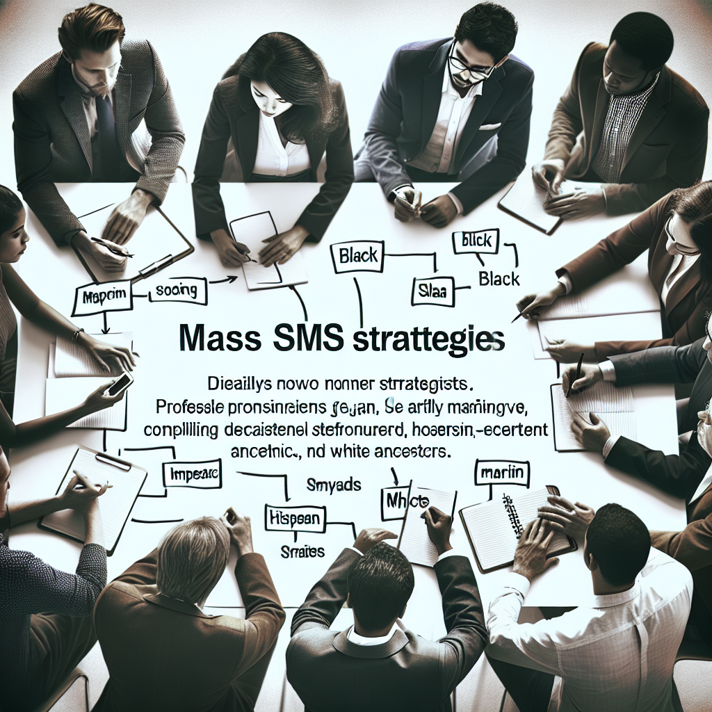 Fotografie cu o echipa de profesionisti care dezbat strategii pentru o campanie de SMS marketing, avand notite si planuri pe birou. Toti oamenii din imagine au aspect european.