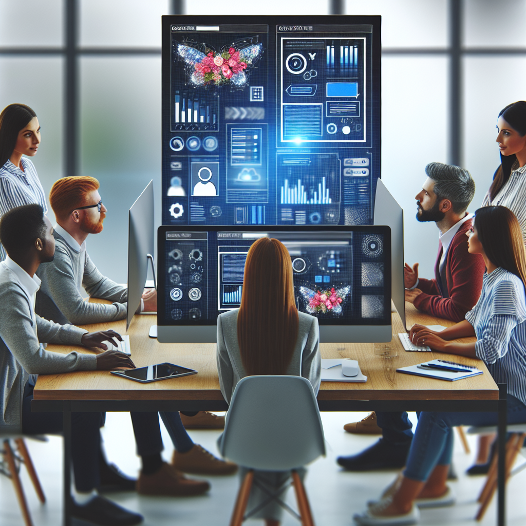 Imagine cu o echipa de marketologi si designeri discutand despre actualizarea designului unui site intr-un birou modern, cu computere si ecranele afisand exemple de interfete moderne.