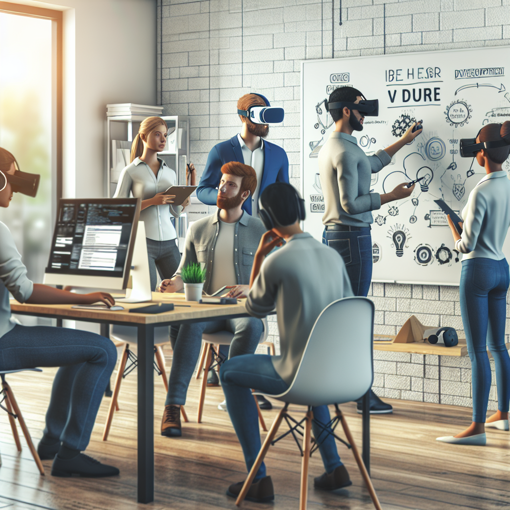 Fotografie realista a unui grup de oameni europeni care colaboreaza intr-un birou, discutand despre un proiect de dezvoltare a unei aplicatii VR. Atmosfera este prietenoasa si creativa.