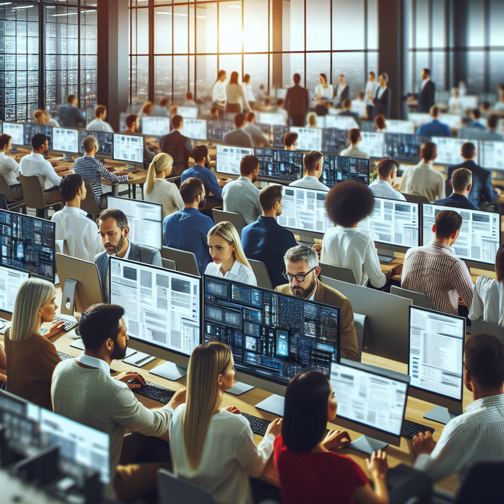 Birou al unei companii IT cu specialisti profesionisti care lucreaza la computere. Toate tehnologiile noi sunt prezentate pe ecrane. Aparentele tuturor persoanelor sunt de tip european.