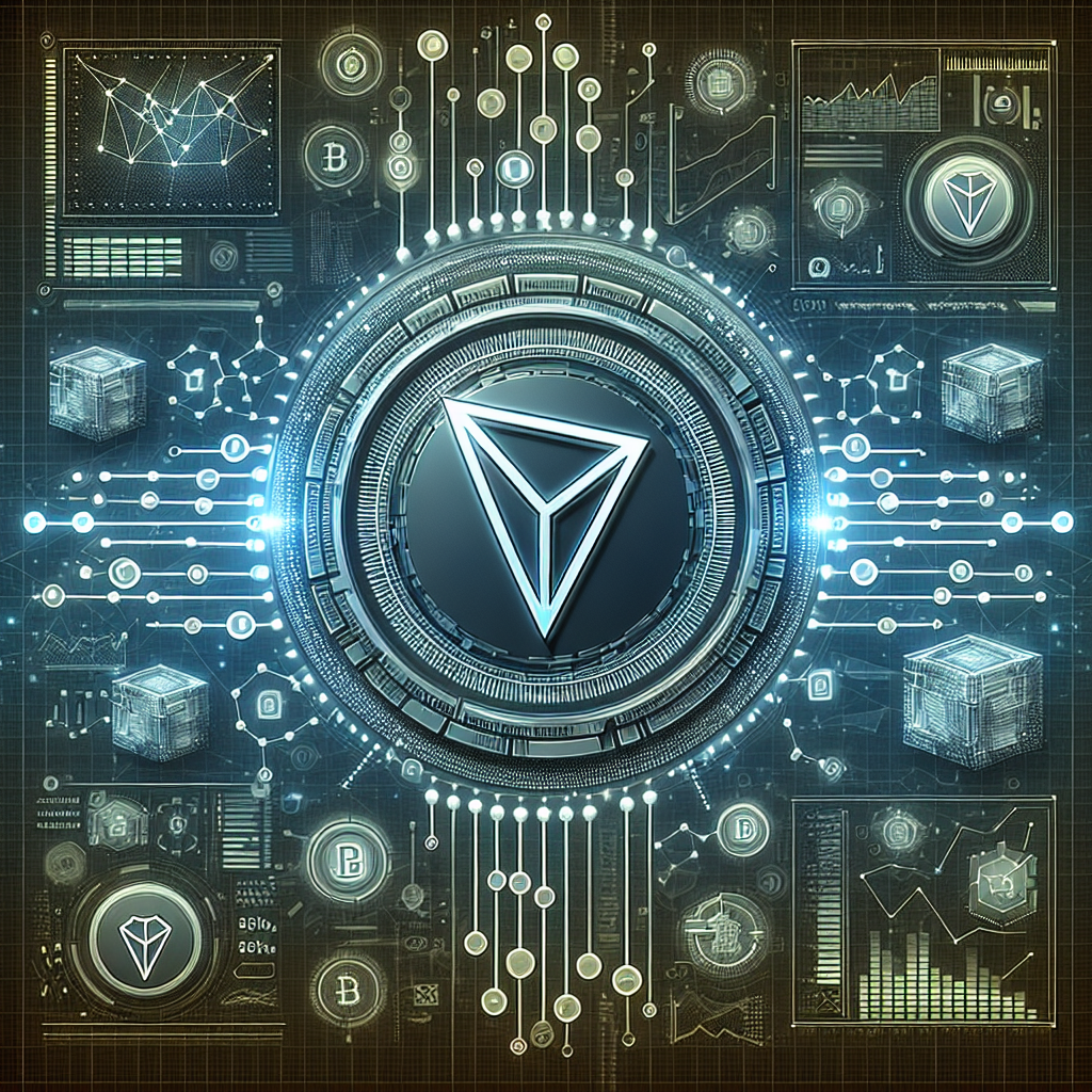 Imagine generata pentru un articol despre Smart Contracts TRON, incluzand o vizualizare a tehnologiilor blockchain cu elemente de afaceri si cifre, pentru a crea o atmosfera de inalta <a href=