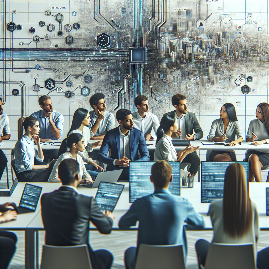 Grup de oameni de tip european discutand despre smart contracte intr-un birou modern. Scena arata ca o fotografie, pentru a fi greu de diferentiat de o fotografie reala.
