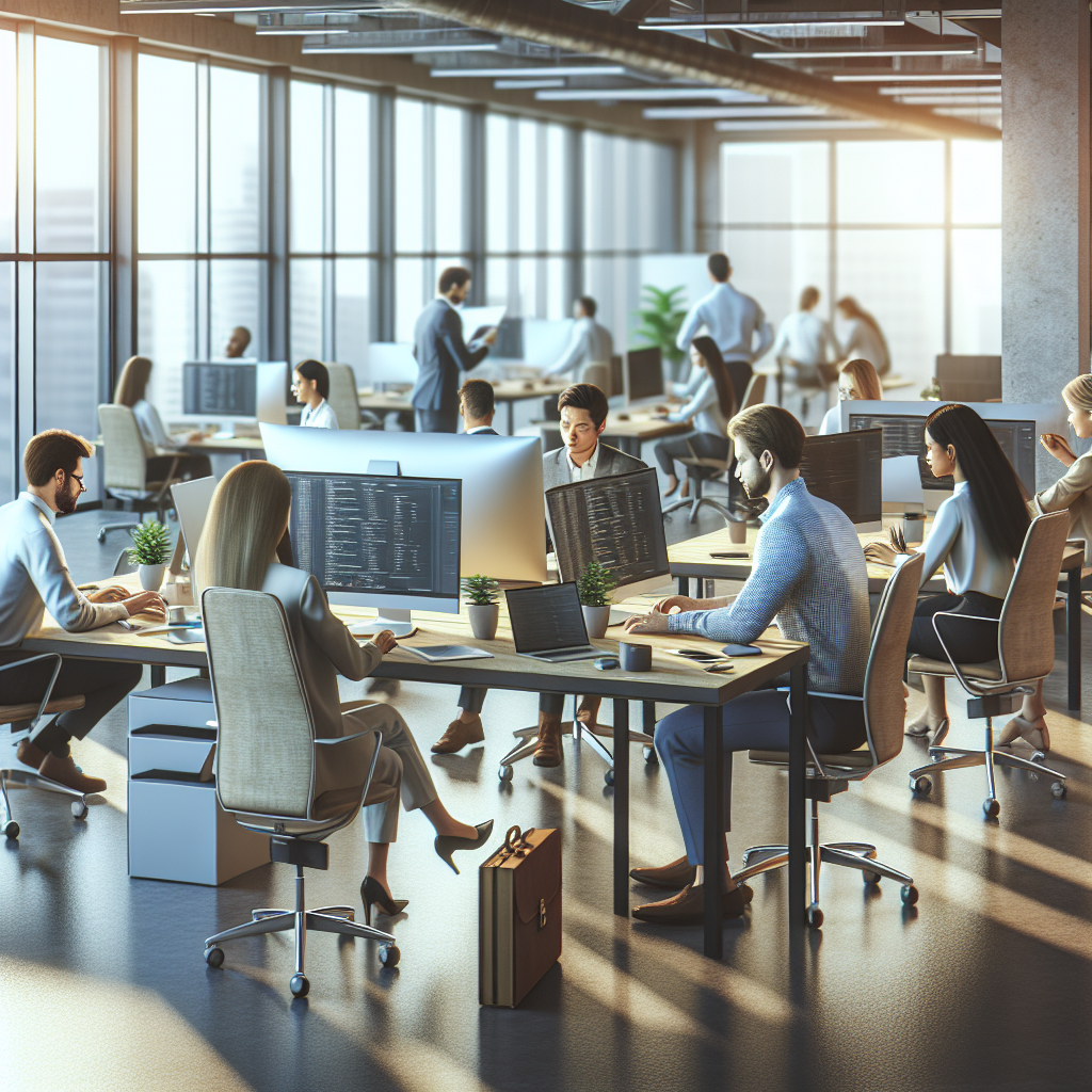 Grup de oameni de tip european lucrand la smart contracte intr-un birou modern. Scena arata ca o fotografie, pentru a fi greu de diferentiat de o fotografie reala.