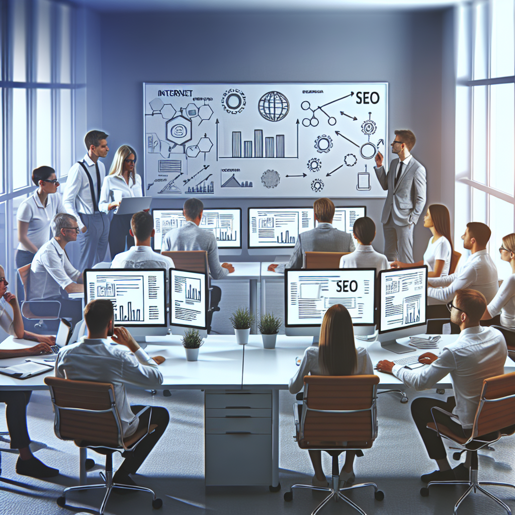 Imagini cu o echipa de internet la birou, discutand strategii <a href=
