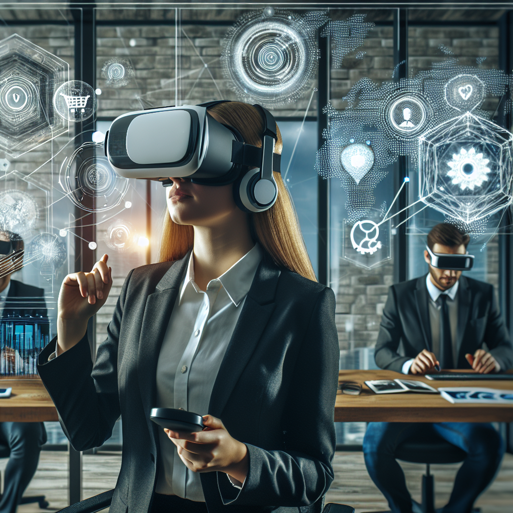Imaginea reprezinta o interactiune virtuala intre afaceri si clienti prin tehnologiile VR, incluzand persoane de tip european, folosind casti VR intr-un mediu modern de birou, unde sunt afisate diverse interfete digitale si grafice, simbolizand concepte de afaceri inovatoare.