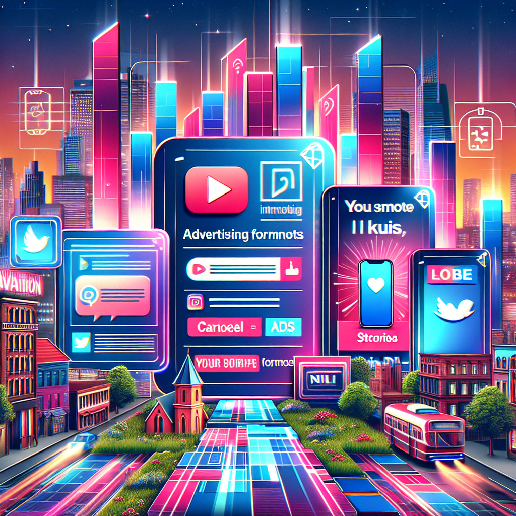 Imagine care ilustreaza diferite formate de reclame pe Facebook, inclusiv reclame statice, videoclipuri, carusele si formate de stories, pe un fundal de peisaj urban viu, cu elemente de grafica atractiva.