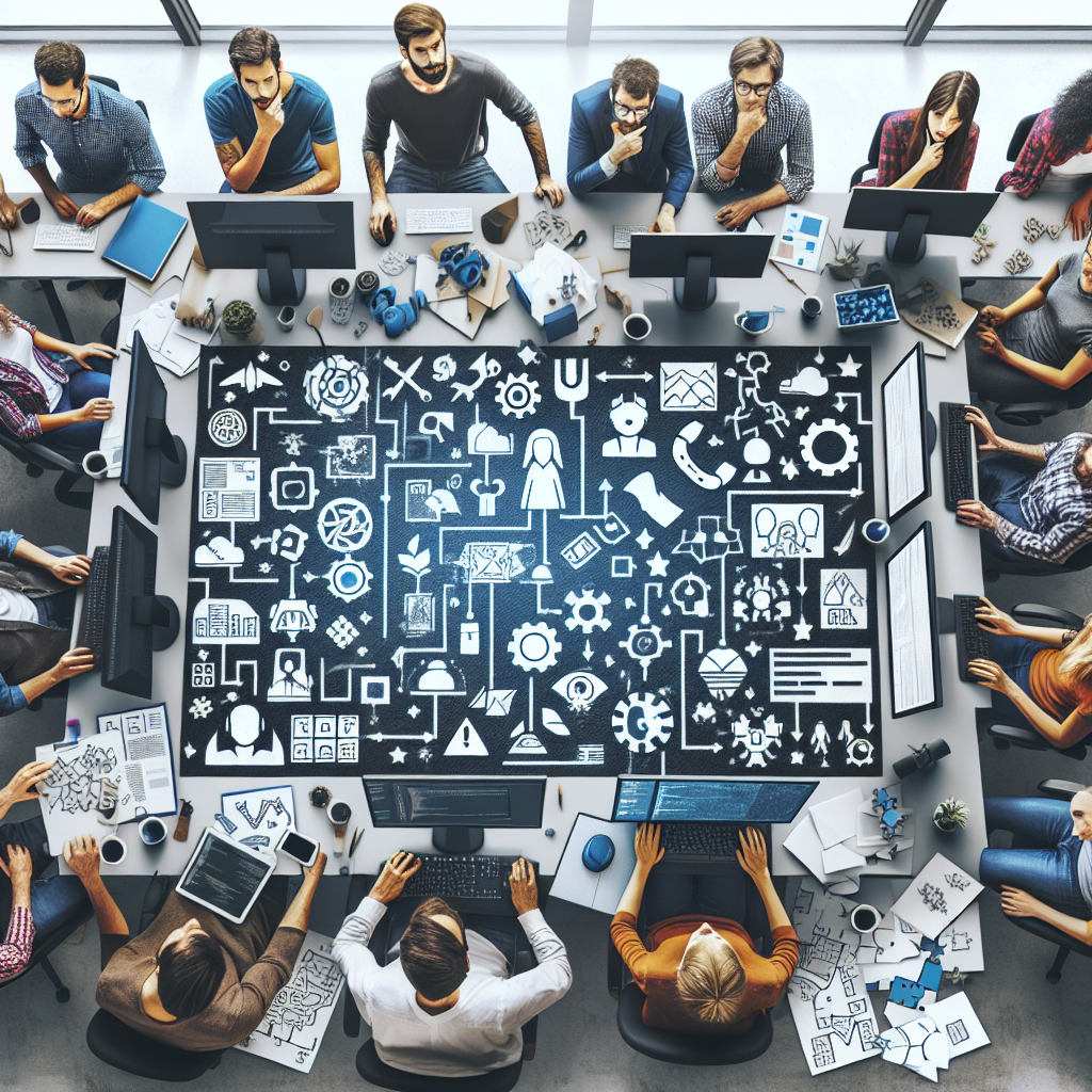Imaginea arata procesul de dezvoltare a unui joc video in birou, unde dezvoltatorii europeni lucreaza la computere sau puzzle-uri, creand un joc pe platforma Unity.