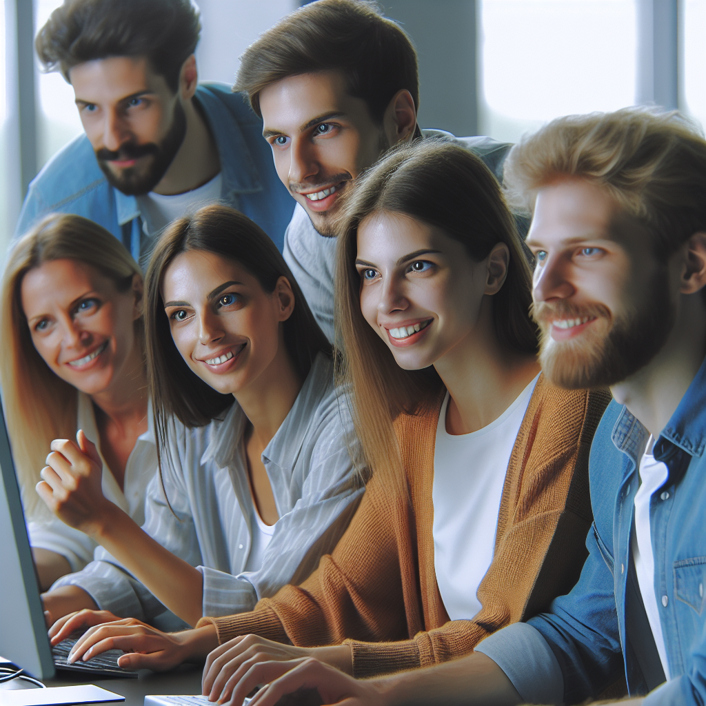 Grup de oameni care lucreaza la calculatoare intr-un birou, discutand despre strategia unei <a href=