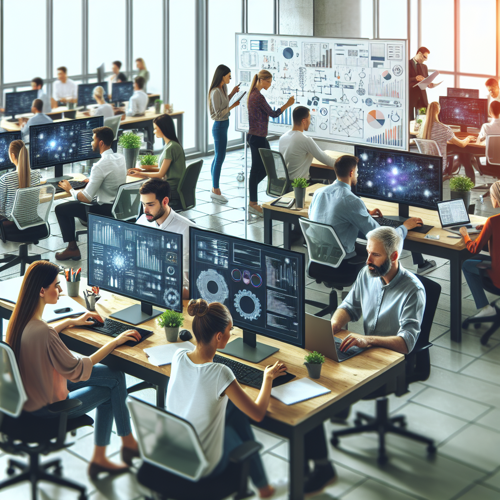 Grupa de oameni lucrand la computere intr-un birou modern de IT. Toti oamenii sunt de tip european, par concentrati si disctuta activ despre munca lor.