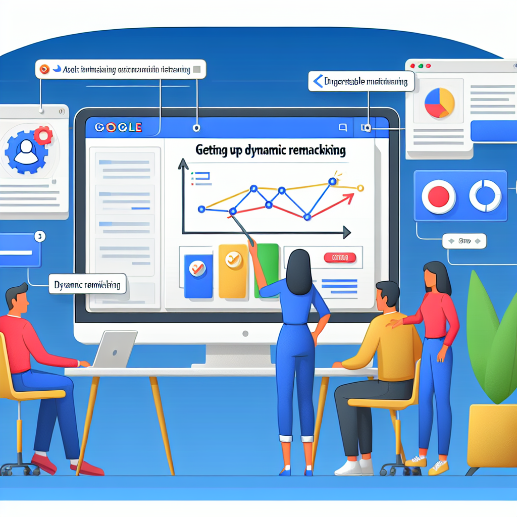 Imagine care ilustreaza procesul de configurare a remarketingului dinamic in Google Ads, aratand un computer cu programul Google Ads deschis, cu pasi de configurare vizibili pe ecran, insotiti de grafice si ilustratii, si persoane de tip european in imagine.