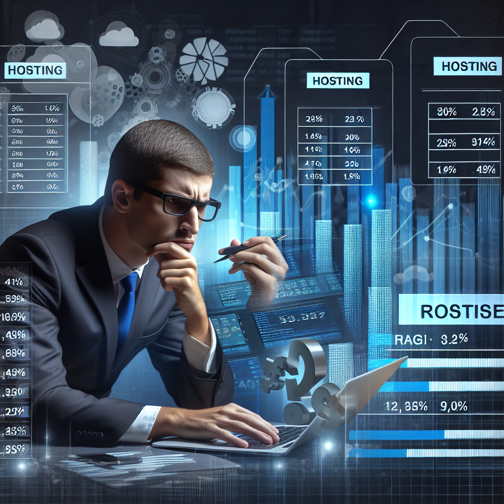 Scena emotiva de analiza a preturilor la hosting, unde o persoana compara diverse tarife pe laptopul sau, cu elemente de grafice si tabele, stilizata ca o fotografie reala, oameni de tip european.