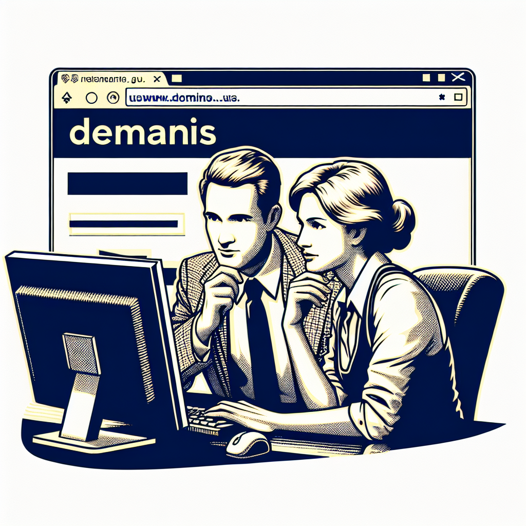 Imagine cu oameni care discuta despre domenii, avand un aspect european, in fata unui ecran de computer cu inregistrarea domeniului .us vizibila.