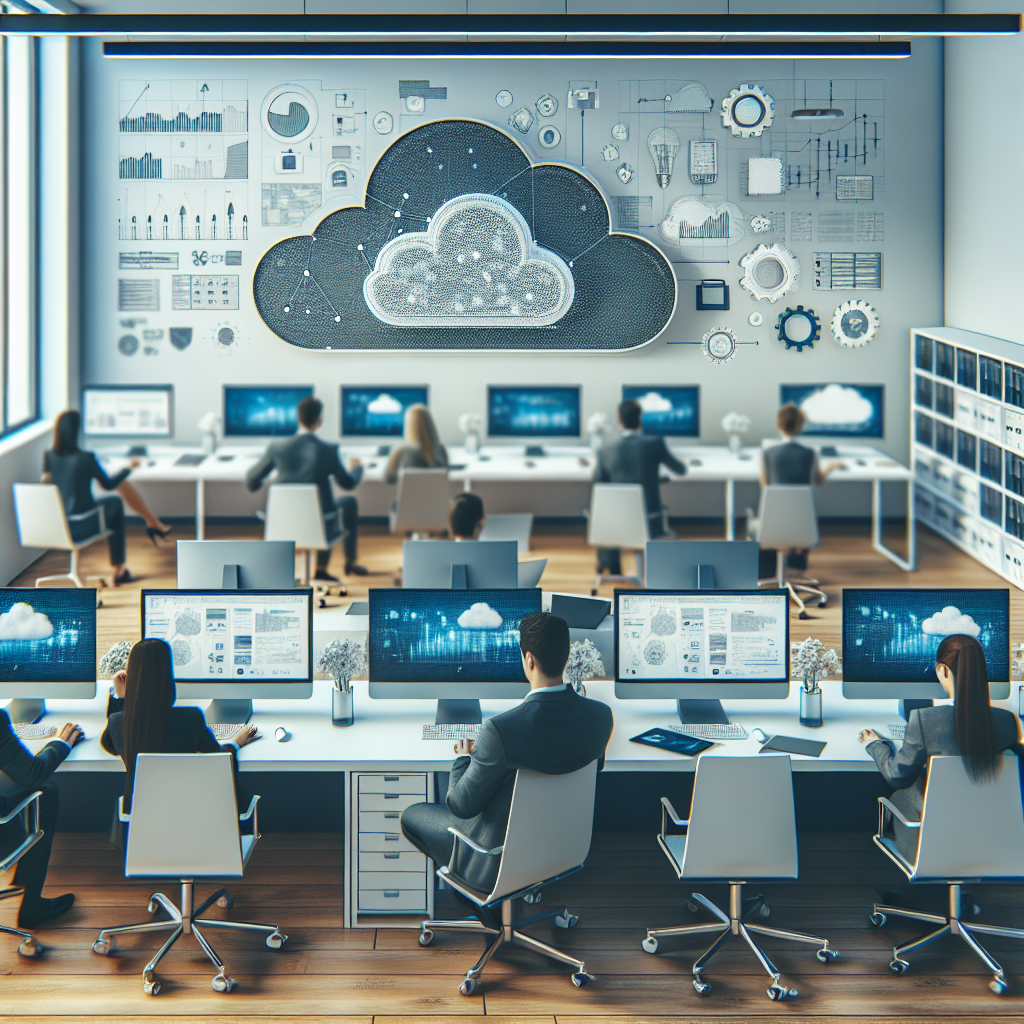 Oficiu modern cu locuri de munca pentru computere, unde o echipa lucreaza cu tehnologiile cloud. Persoanele au trasaturi europene. Pe birouri se vad computere si dispozitive digitale, iar pe pereti sunt grafice si diagrame legate de computatia in cloud.