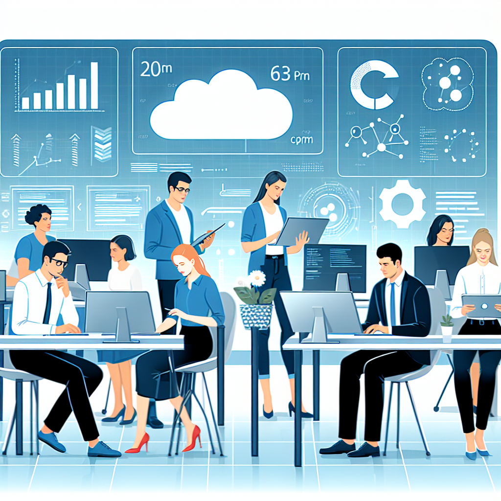 Imaginea unei echipe de specialisti care lucreaza la un proiect de Cloud-hosting intr-un birou modern, cu fete europene, si in fundal - grafice si diagrame care arata <a href=