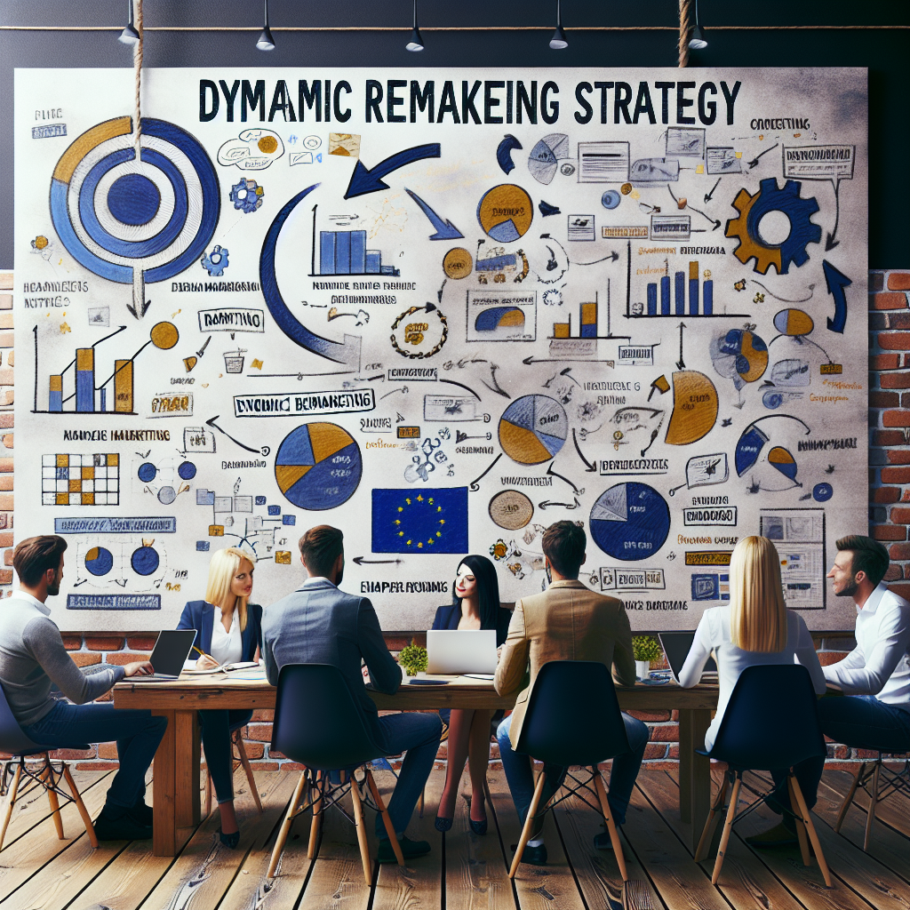 Imagine cu o echipa de marketologi europeni care analizeaza o strategie de remarketing dinamic, inconjurati de grafice si notite pe pereti, pentru a evidentia efectul comunicarii si creativitatii.