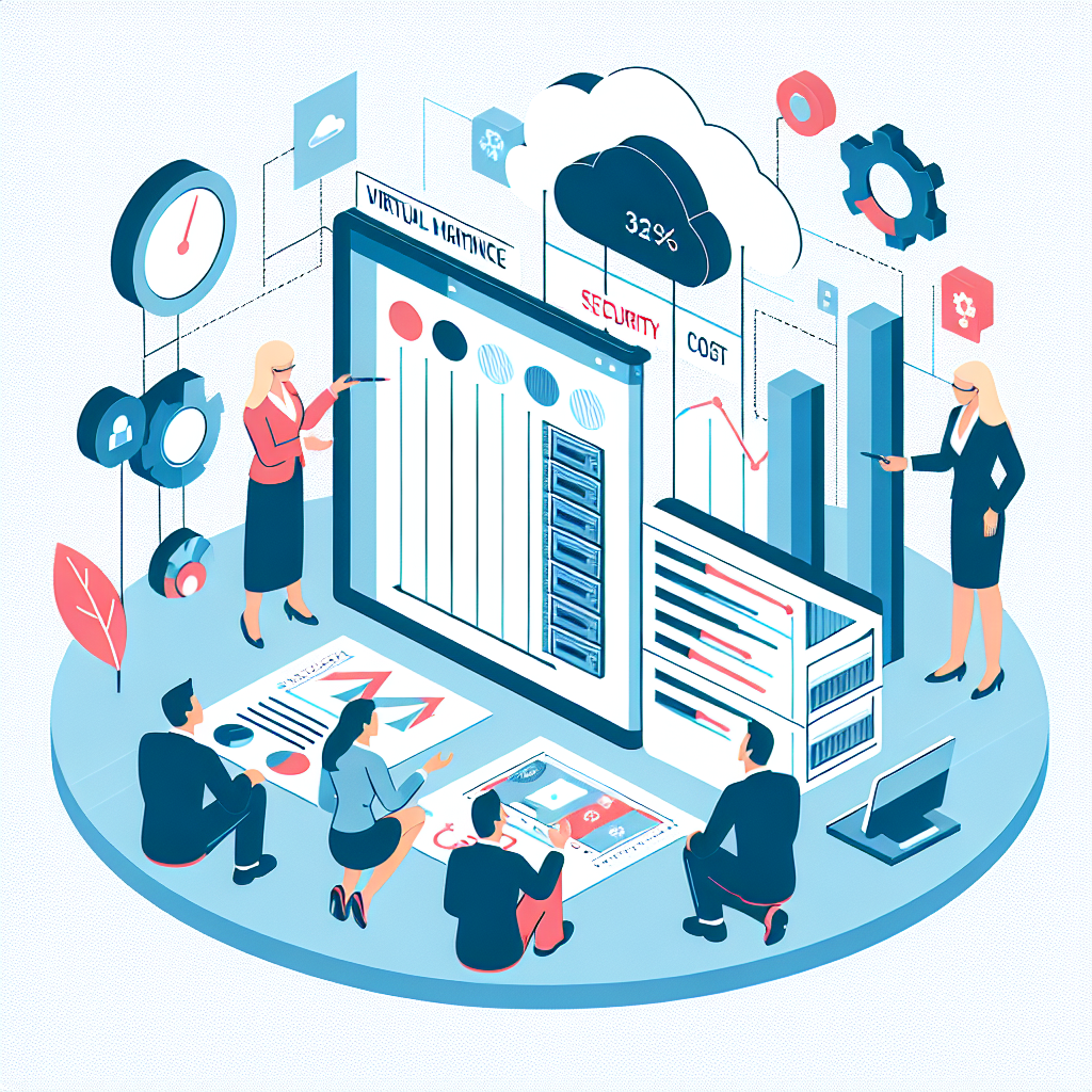Grafica care arata avantajele masinilor virtuale si solutiilor cloud. Datele sunt vizualizate, incluzand performanta, securitatea si costurile, intr-o forma clara si usor de inteles. Persoanele din imagine au trasaturi europene.