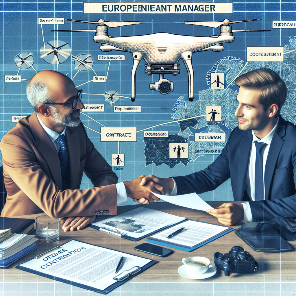 O imagine care arata procesul de comanda a serviciilor de filmare cu drone, incluzand un manager si un client, asemanatoare unei fotografii. Toti oamenii din imagine au un aspect european.
