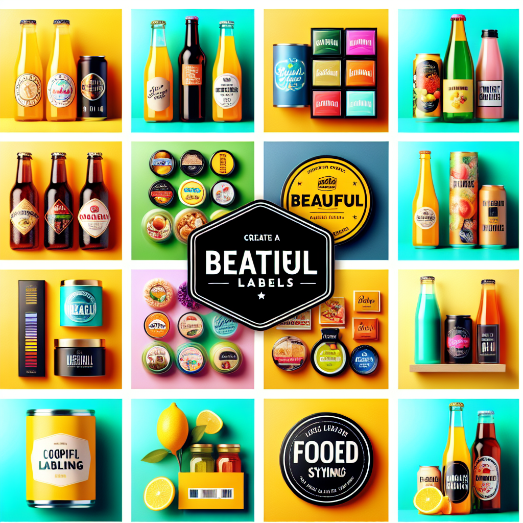 Imagini cu etichete colorate si atractive pentru diverse produse, inclusiv bauturi, cosmetice si alimente, aranjate astfel incat sa semene cu fotografii reale de pe rafturile unui magazin.
