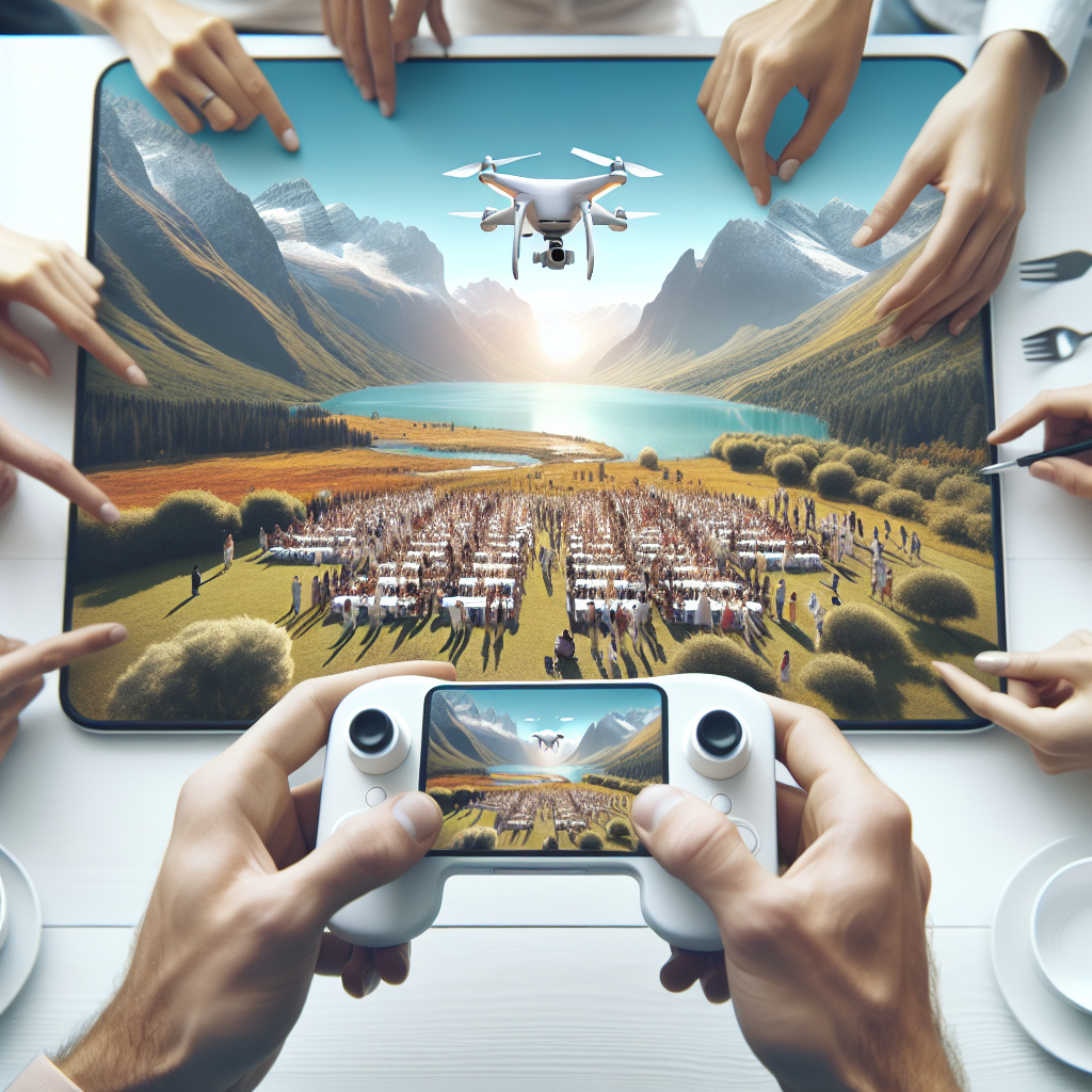 Imagine aeriana realizata cu un drone la un eveniment, care prezinta un peisaj frumos si oameni de tip european, in fata unei naturi pitoresti.