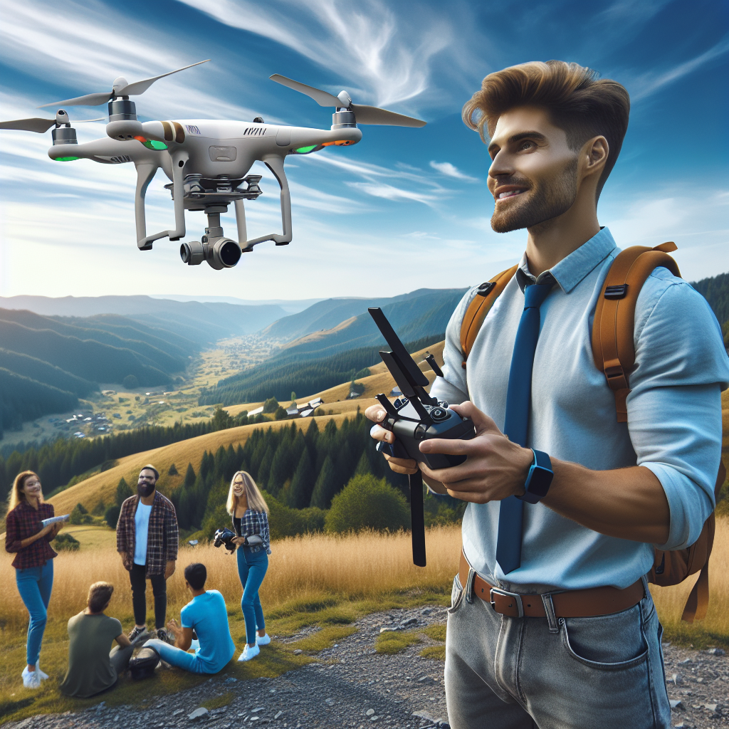 Imagine a procesului de filmare cu un drone intr-un loc pittoresc, aratand un operator profesionist si un peisaj frumos, cu o vedere panoramica asupra naturii, inconjurat de oameni de tip european.