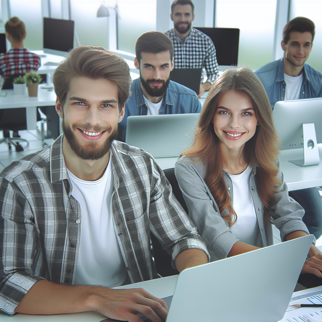 Imagine cu indivizi de succes care lucreaza la un proiect de web dezvoltare intr-un birou modern, avand un aspect european. Imaginea <a href=