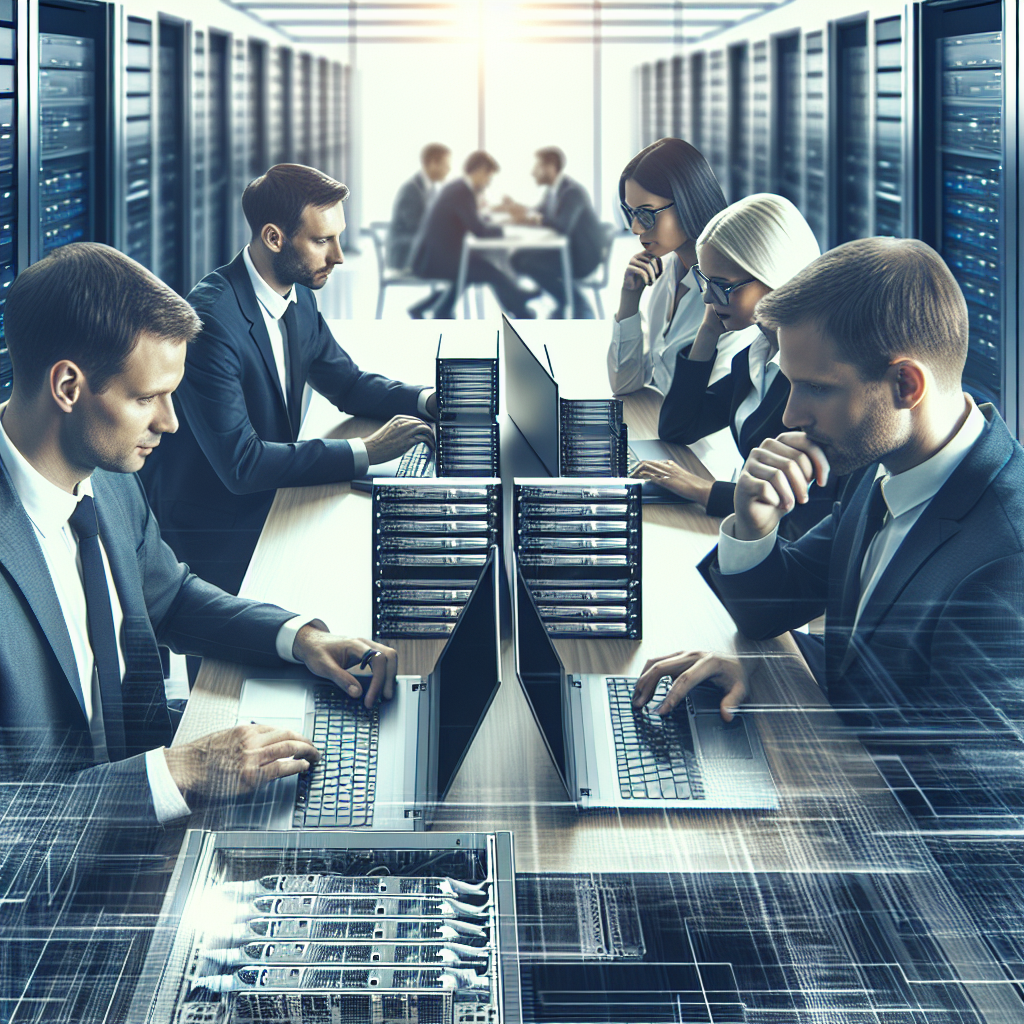 Изображение современного офиса IT-компании, где европейские специалисты обсуждают выбор хостинга для сайта, работая на ноутбуках.