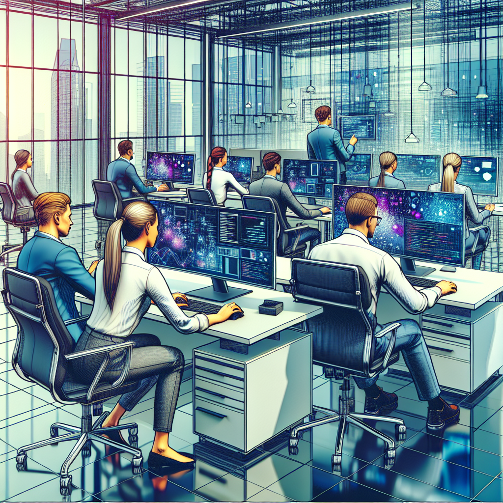 Imaginile prezinta oameni lucrand la computere intr-un birou, creand o atmosfera moderna de birou IT. Toate persoanele au un aspect european.