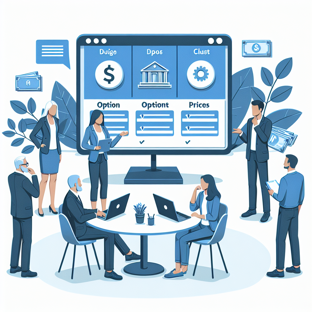 Generati o imagine care arata procesul de stabilire a bugetului pentru crearea unui site, cu reprezentanti ai unei companii IT si clienti discutand optiuni si preturi. Aspectul tuturor oamenilor este de tip european.