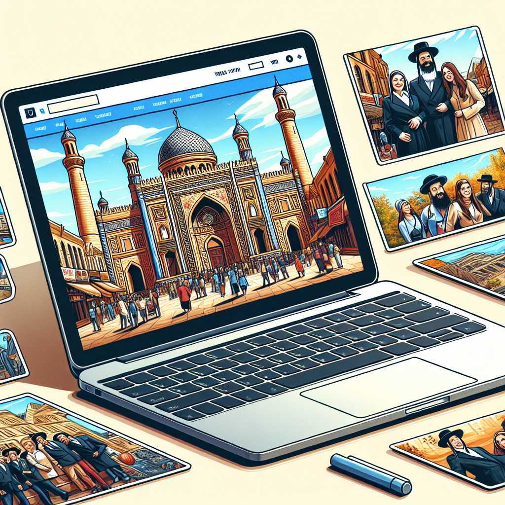 Scena care prezinta un laptop modern deschis, afisand un site atractiv al unei agentii de turism, inconjurat de fotografii cu turistii europeni, evocand un sentiment de aventura si interes.