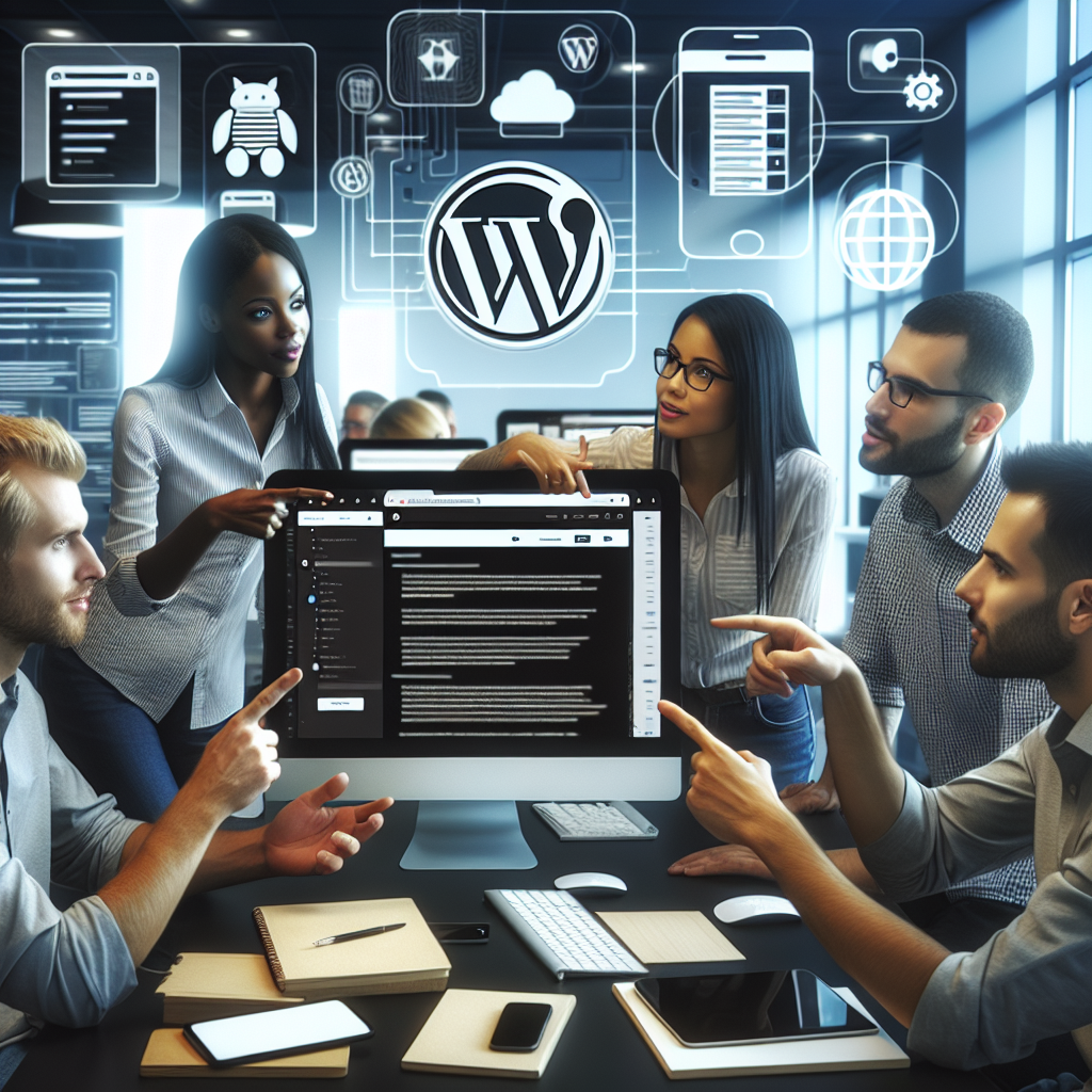 Команда профессионалов обсуждает проект сайта на WordPress в современном офисе, окруженная разнообразием технологий. Внешность европейского типа.