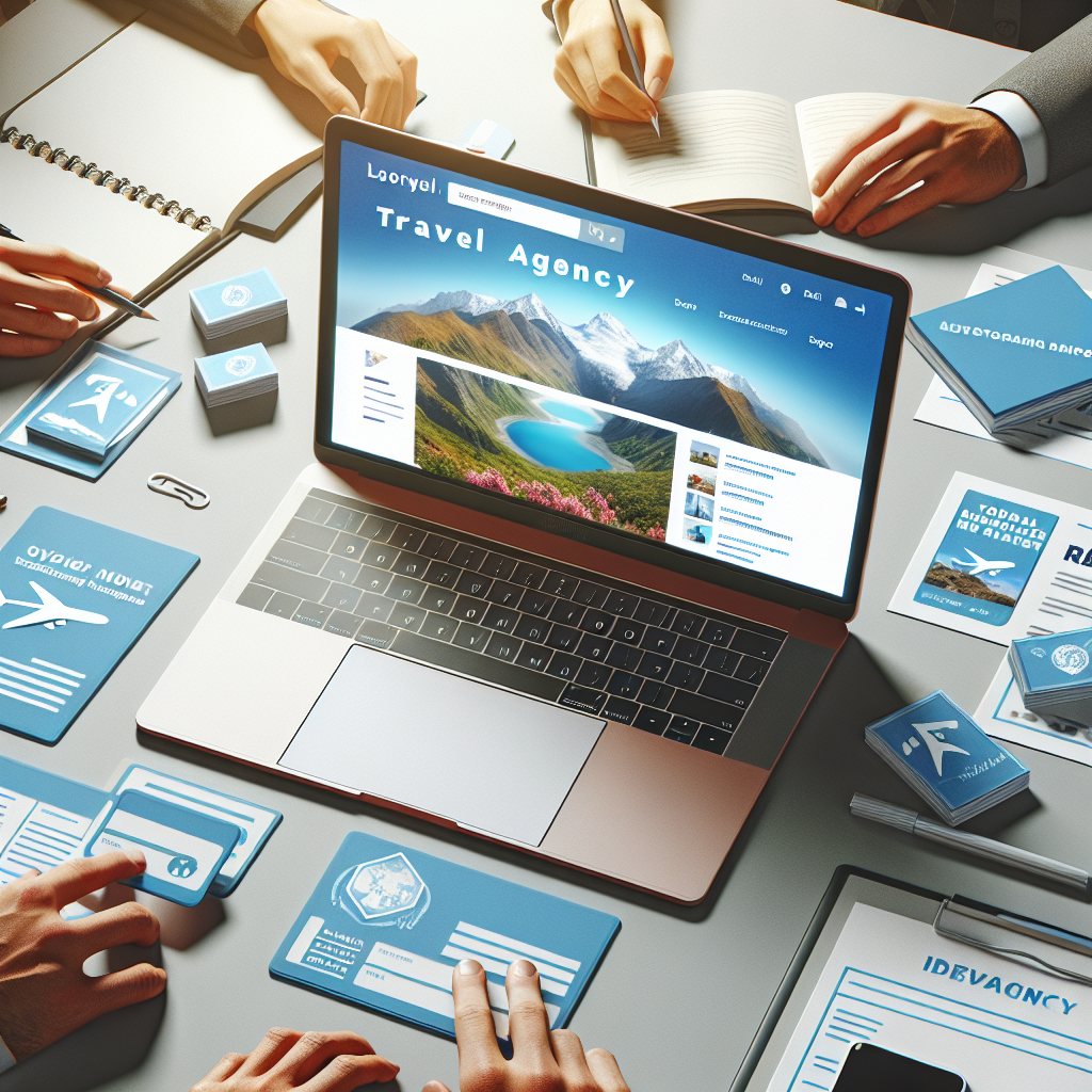 Imaginea unui laptop deschis ce afiseaza un site actual si atragator al unei agentii de turism, inconjurat de carti de vizita si brosuri publicitare, creand o atmosfera prietenoasa, cu oameni de tip european colaborand la proiect.
