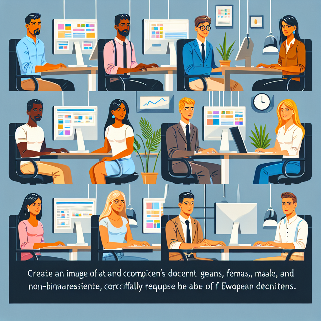 Oficiu al unei companii IT, cu specialisti profesionisti care ajuta clientii cu site-ul lor. Toti oamenii arata de tip european.