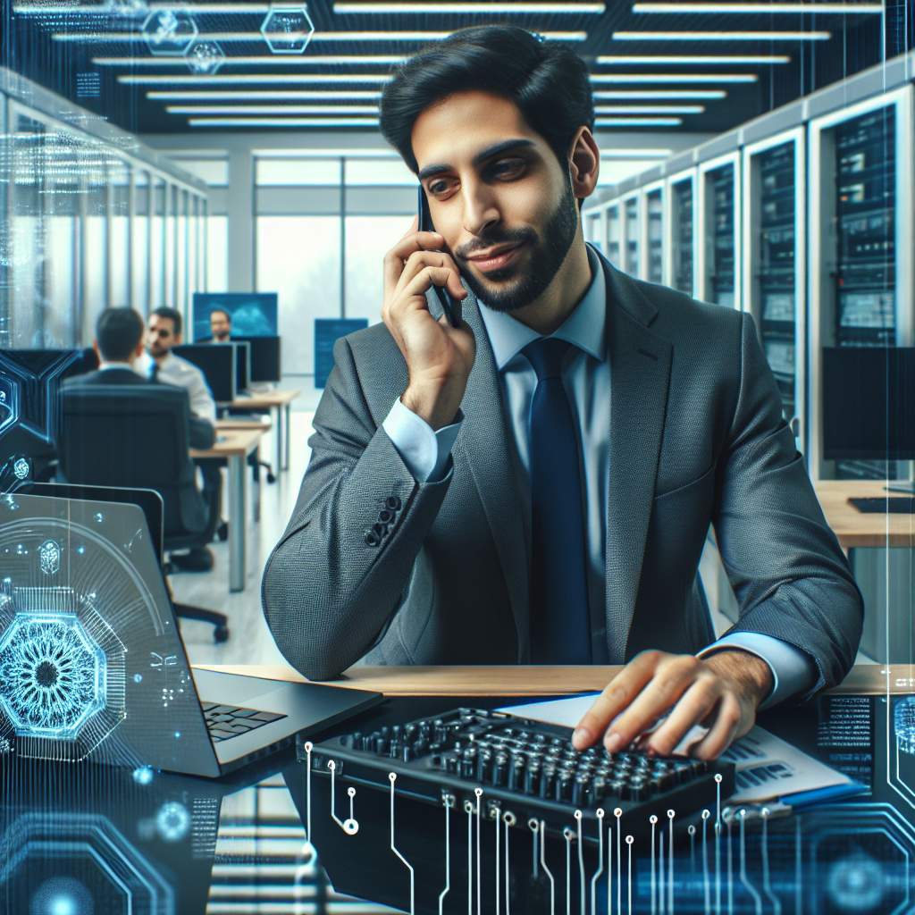Fotografie cu un manager profesionist care discuta la telefon cu un client intr-un birou modern de IT, inconjurat de echipamente tehnologice. Persoanele au trasaturi europene.