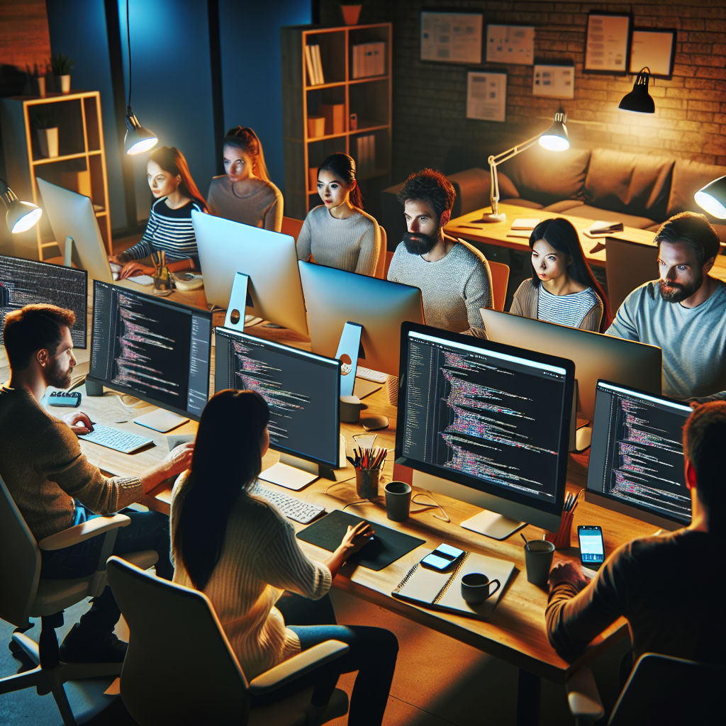Imagine cu persoane care lucreaza la computere, creand un site pe WordPress. Toate persoanele ar trebui sa aiba un aspect european si sa lucreze intr-un birou confortabil, echipat modern.