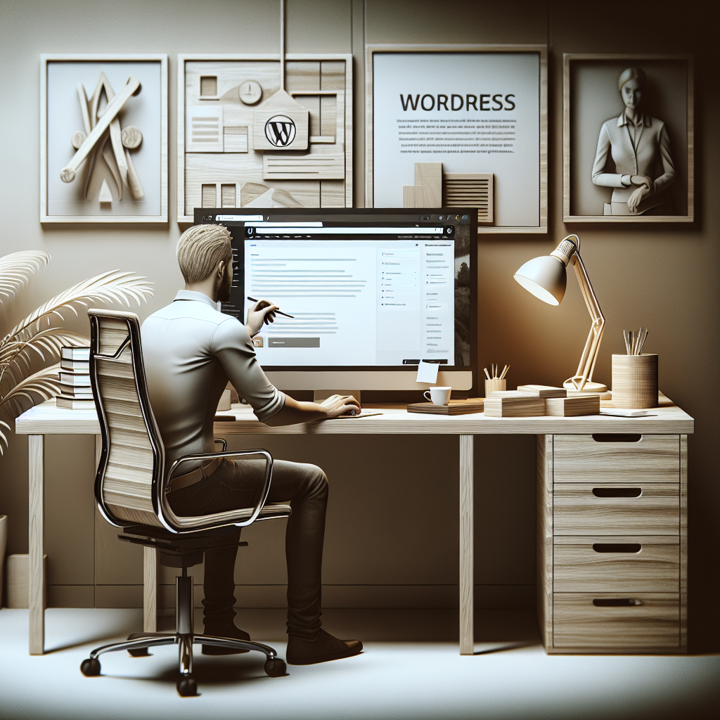 Imagine care ilustreaza procesul de creare a unui site pe WordPress: o persoana lucreaza la computer, instaland un template si adaugand continut. Toate persoanele ar trebui sa aiba un aspect european si sa lucreze intr-un birou modern.