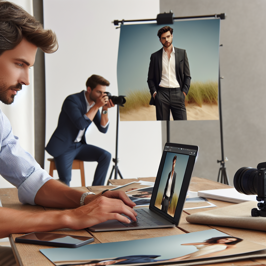 Generati o imagine care ilustreaza un fotograf profesionist in actiune cu un client la o sedinta foto, astfel incat sa nu poata fi deosebita de o fotografie reala. Aparitia tuturor persoanelor trebuie sa fie de tip european.