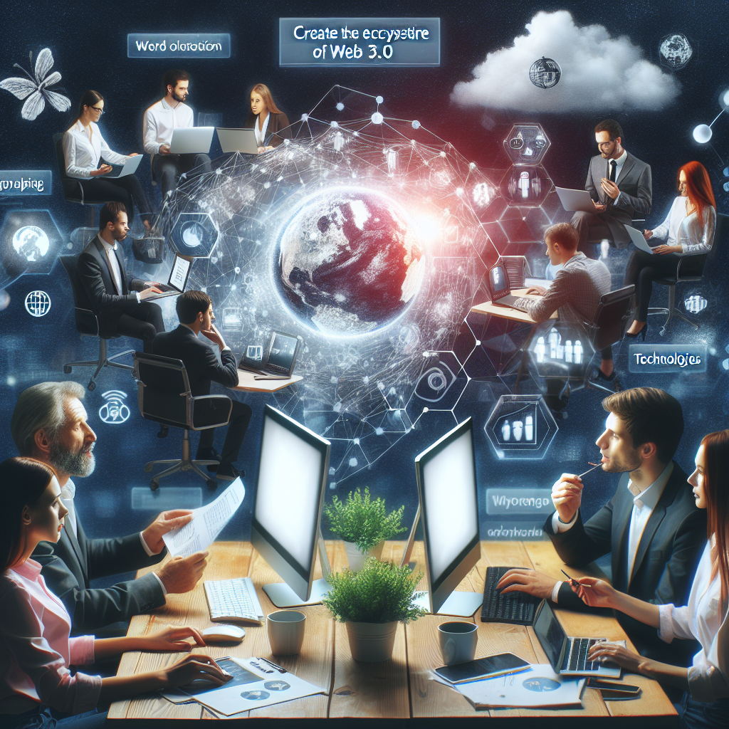 Imaginea ilustreaza o ecosistem Web 3.0, unde oameni lucreaza cu computere, discuta tehnologii si au un aspect european. Imaginea arata ca o fotografie de inalta calitate.