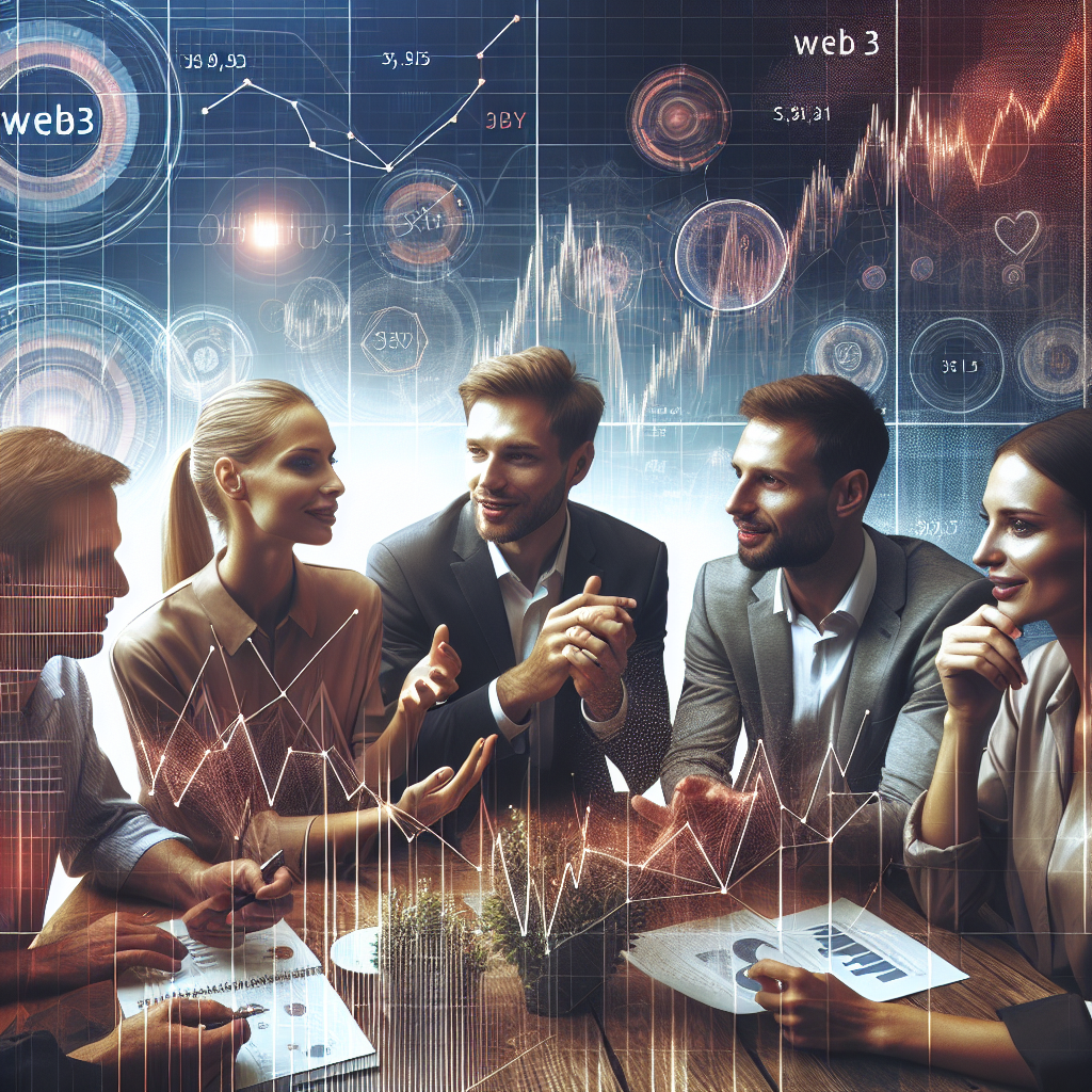 O imagine cu oameni de tip european, discutand pe fundalul unor grafice si diagrame despre metodele de investire in Web3. Focalizare pe o atmosfera prietenoasa si pe persoane interesate, care lucreaza in echipa.