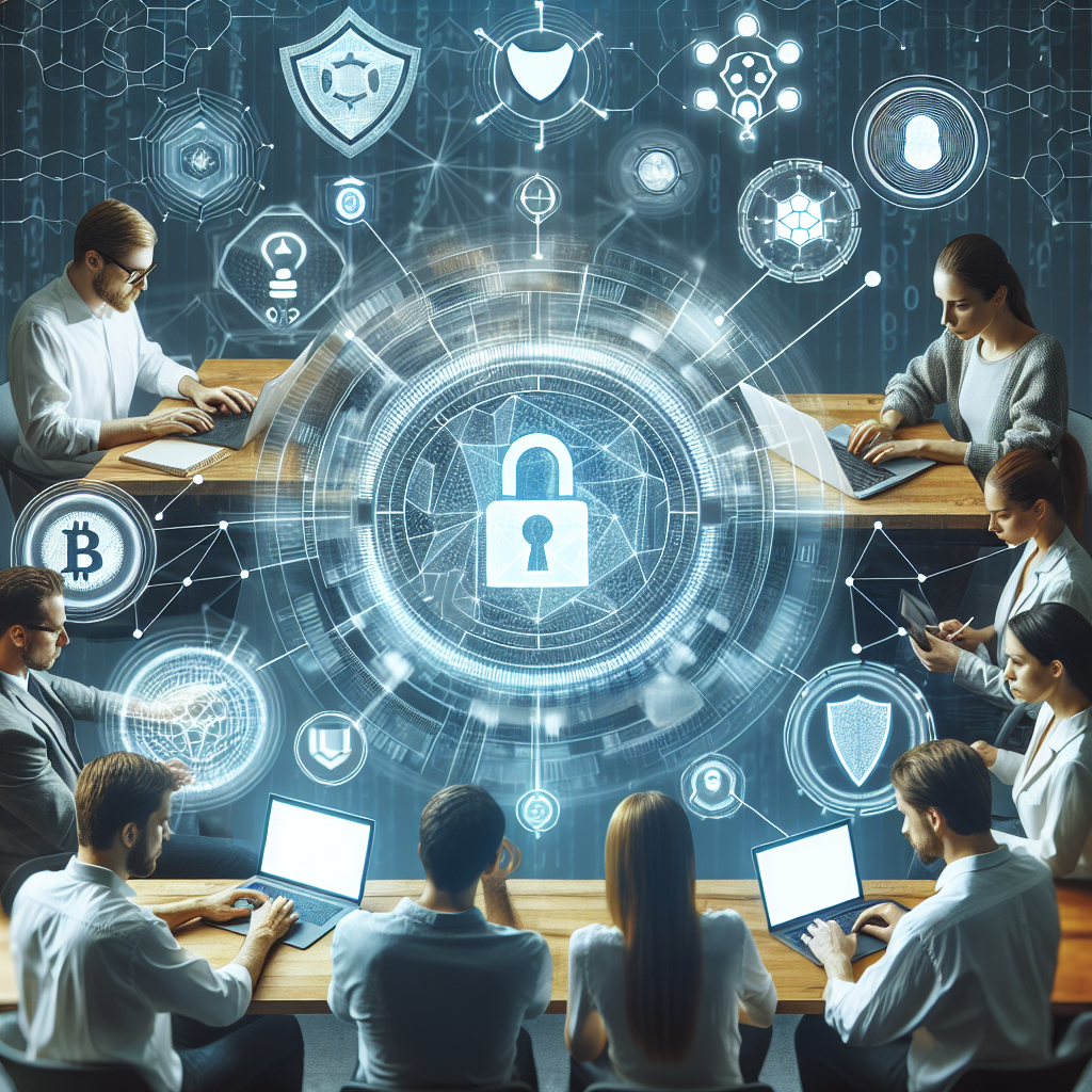 Imagine care ilustreaza conceptul de Web3 si criptografie, aratand cum tehnologiile blockchain protejeaza datele utilizatorilor. In imagine apar oameni de tip european folosind dispozitive pentru a accesa Web3.