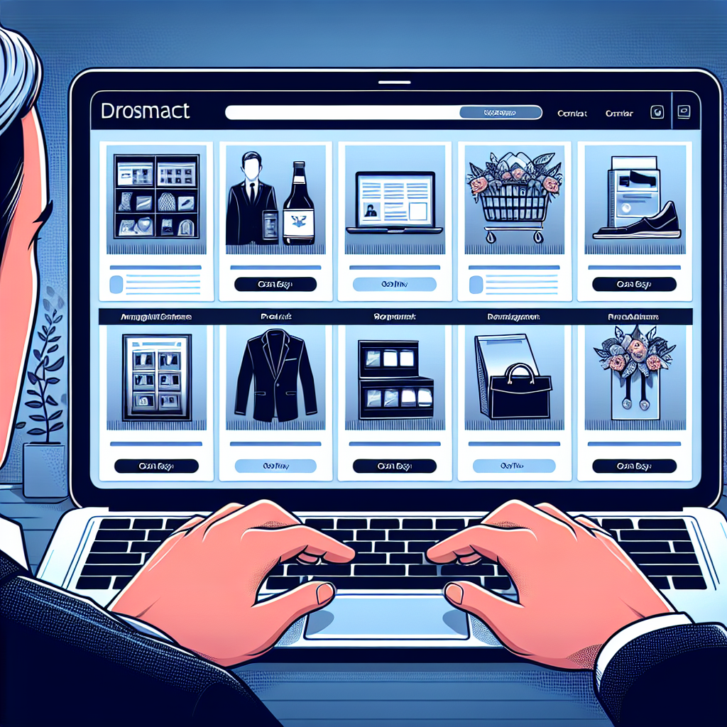 Imagine cu un laptop care afiseaza un site-catalog cu produse, fiecare pagina avand un aranjament al produselor, iar in centrul atentiei se afla interfata de management a site-ului. Persoanele din imagine sunt de tip european.