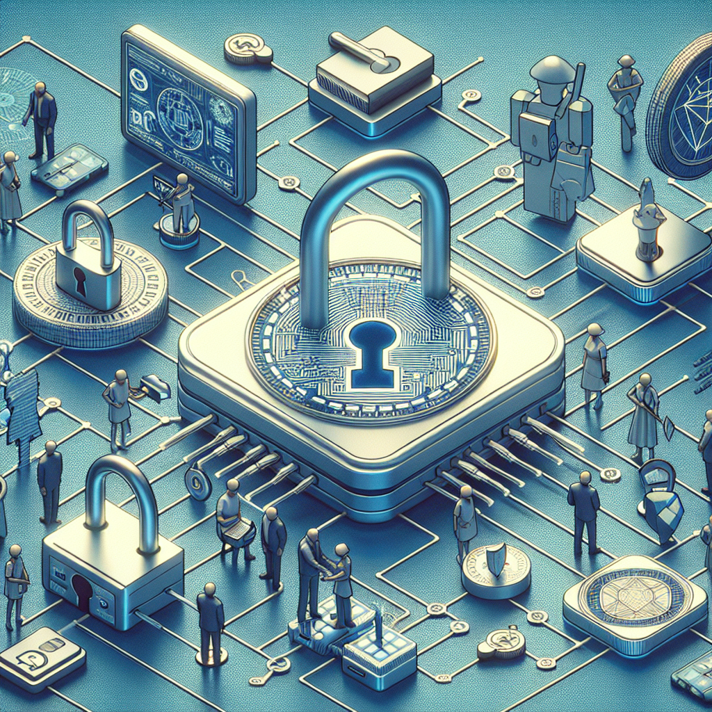 Imagine care ilustreaza criptografia si securitatea in Web3, unde sunt prezentate diverse mecanisme de incuietoare si semnaturi digitale pe fondul unei atmosfere de retea. In imagine apar oameni de tip european folosind tehnologiile de <a href=