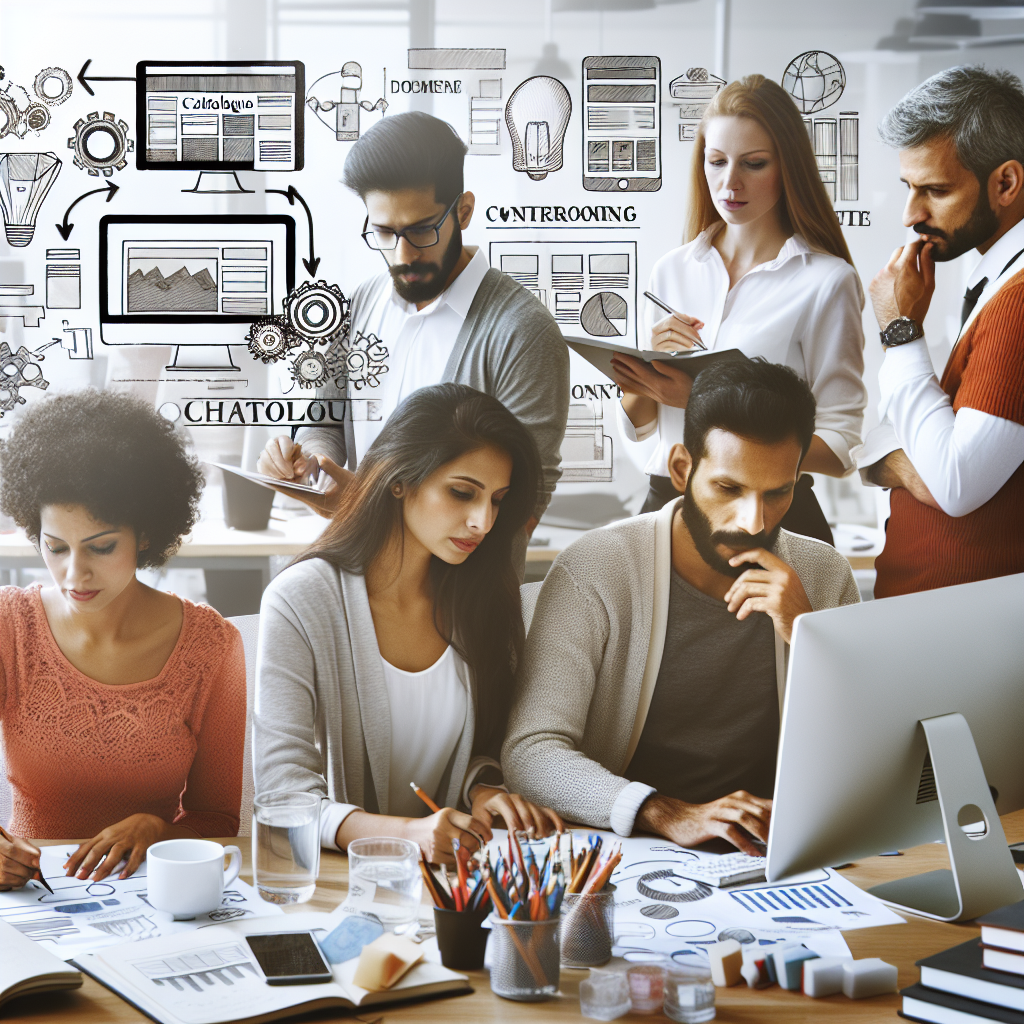 Imagine cu o echipa profesionala de designeri care lucreaza la crearea unui site-catalog intr-un birou, cu toate persoanele avand un aspect european.