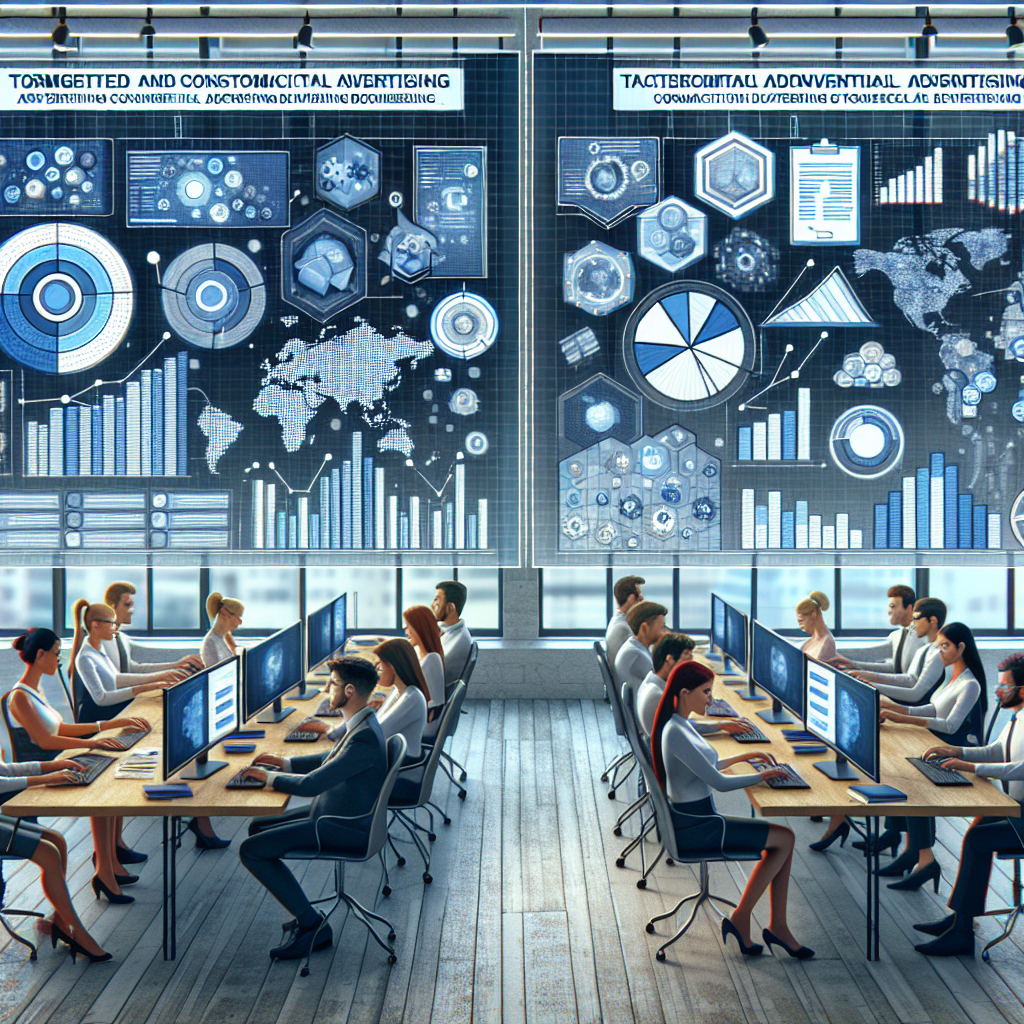 Compararea publicitatii targetate si a publicitatii contextuale cu imagini de grafice si tabele, aratand diferentele dintre cele doua metode, pe fondul unui birou IT, cu un grup de profesionisti lucrand la calculatoare, toti cu infatisare europeana.