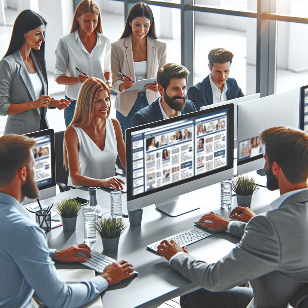 Grup de profesionisti in birou, configurand publicitatea in Yandex Direct, toti oamenii de tip european, lucrand la calculatoare, atmosfera prietenoasa, colegii discutand idei si rezultate.
