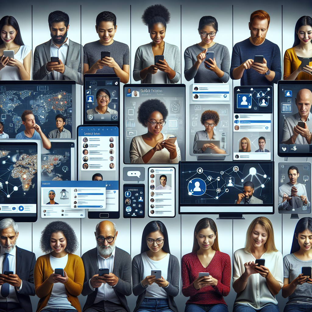 Imagine care arata oameni care utilizeaza activ tehnologiile Web 3.0 in retelele lor sociale, demonstrand diferite interfete pe ecranele dispozitivelor mobile si ale computerelor. Toate persoanele au aspect european.