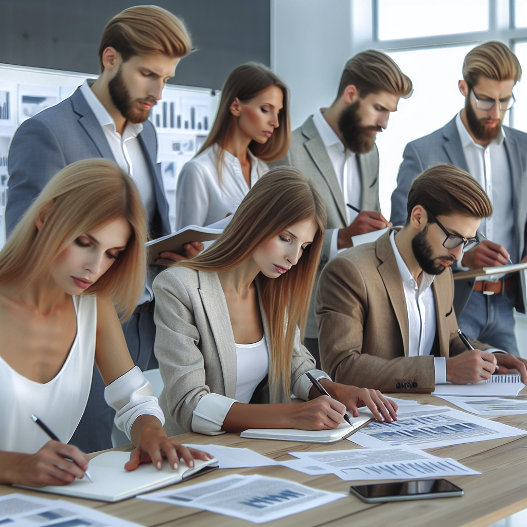 Imagine care reda o scena a unor oameni de afaceri de succes, lucrand la o strategie de marketing intr-un birou. Toate persoanele au un aspect european, fiind increzatoare si concentrate pe sarcinile lor. Biroul are un design interior modern.
