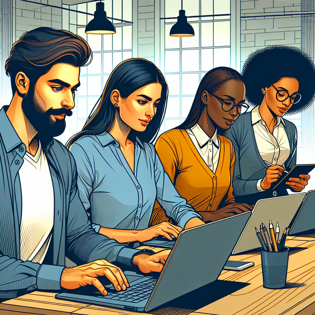 Imagine care ilustreaza un grup de profesionisti care lucreaza la publicitate digitala intr-un birou modern. Toate persoanele au un aspect european, folosind laptopuri si tablete, iar atmosfera este una de concentrare si creativitate.