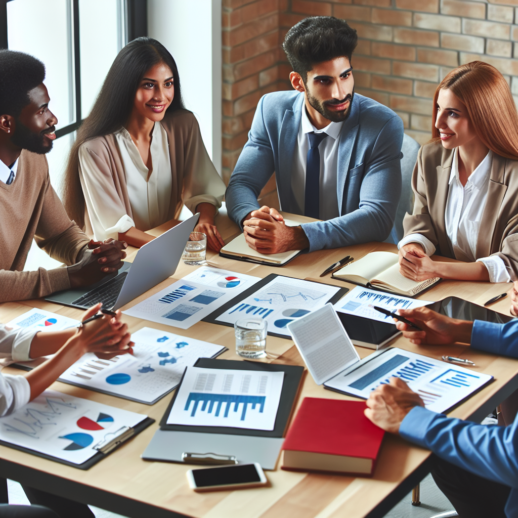 Imagine cu un grup de marketologi europeni, discutand strategii in birou. Pe masa sunt laptopuri si grafice, iar atmosfera este prietenoasa si productiva.
